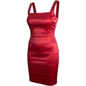 Signature by Sangria Coral Pink Satin Tiered Sheath Dress Square Neck Size 4 NEW